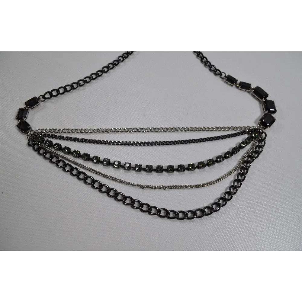 Dark Silver Tone Multi Strand Layer Necklace w/ Clear‎ Rhinestone Accent 35.5